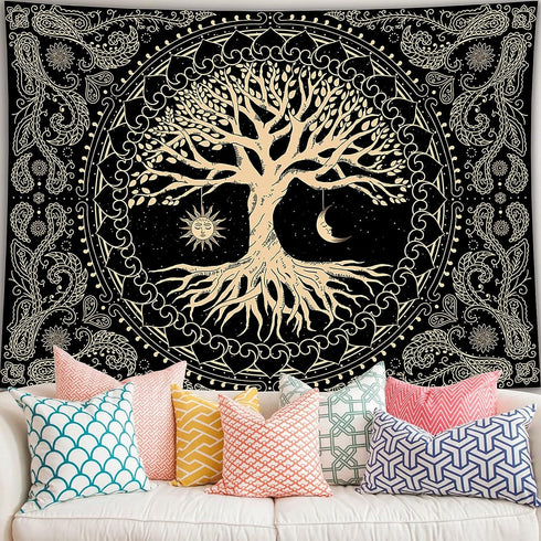 Tree of Life Tapestry Gloden Sun and Moon Wall Hanging Tapestry
